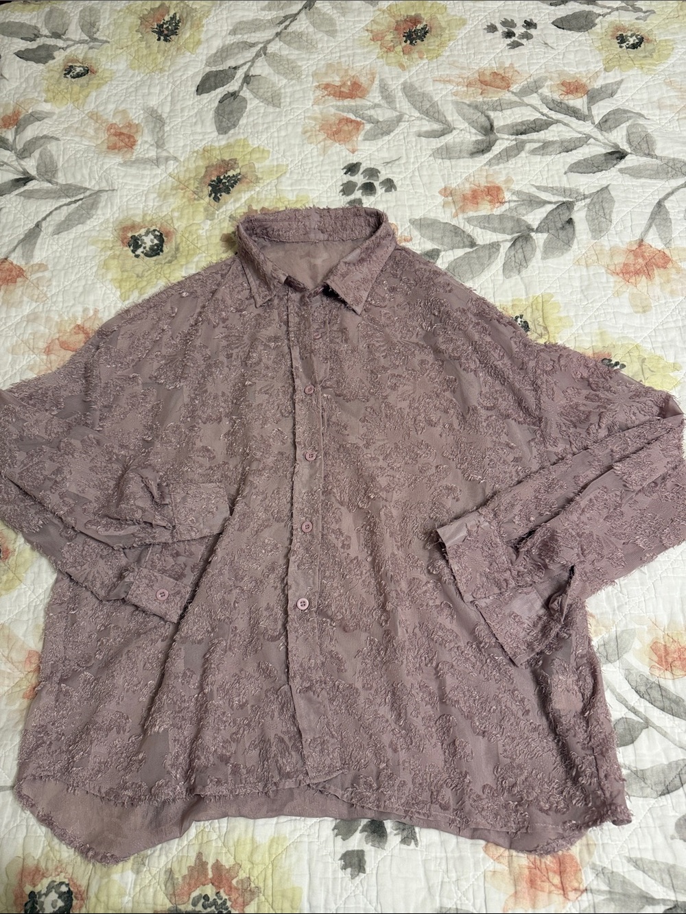 Women’s Lace-Embroidered Button-Down Shirt - Mauve